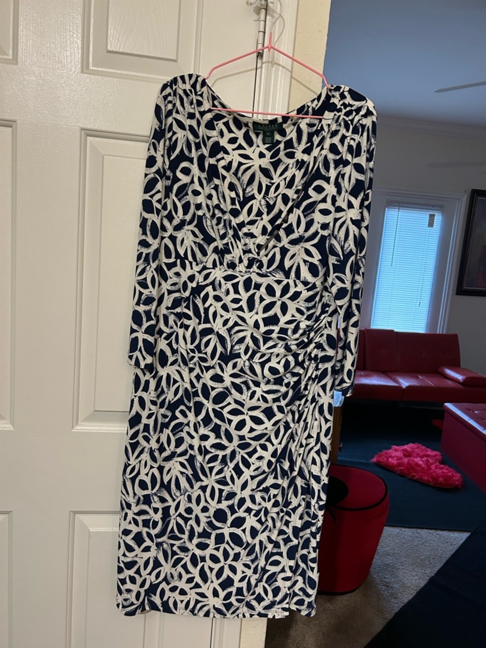 Lauren Ralph Lauren Navy and White Long-Sleeve Patterned Dress